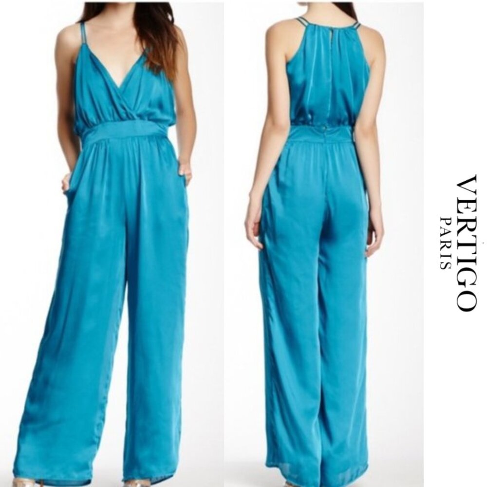 VERTIGO Spaghetti Strap Surplice Front Jumpsuit in Spa Blue, Brad new with tags